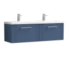 Nuie Deco Satin Blue Wall Hung 2 Drawer Vanity Unit with Twin Ceramic Basin 1200mm