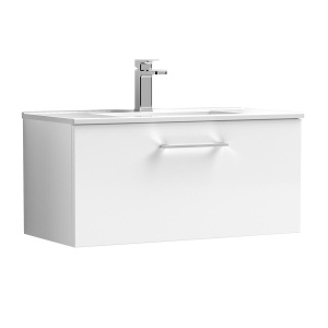 Nuie Arno Gloss White Wall Hung 1 Drawer Vanity Unit with 18mm Minimalist Basin 800mm